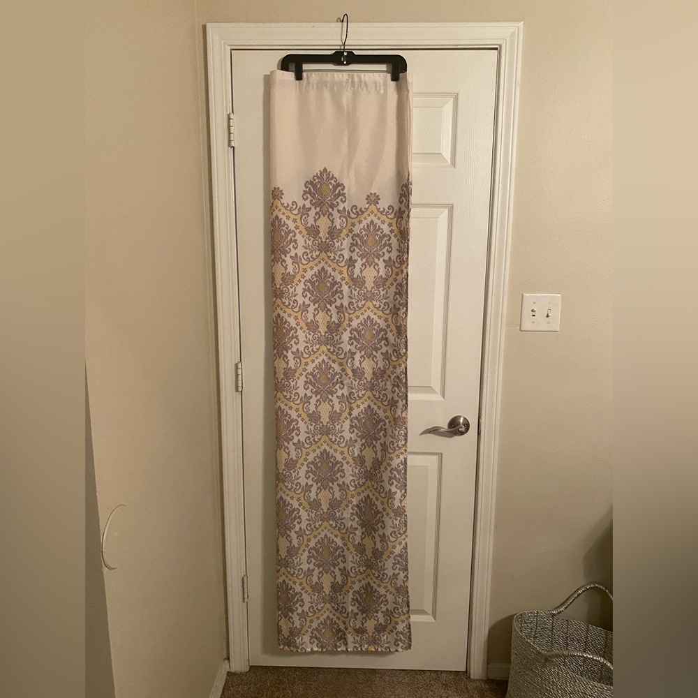 Waverly.  Cream and yellow with brown Damask shower curtain.